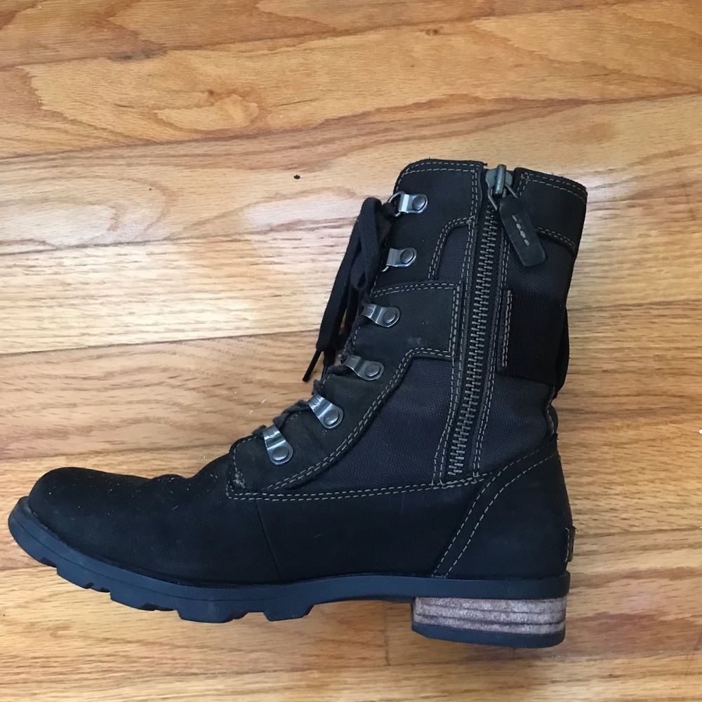 Sorel Emelie Conquest Waterproof Black Boots size 6 Moto Combat Leather Canvas